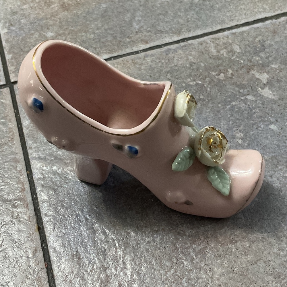 Elegant Pink Ceramic Shoe with Floral Accents